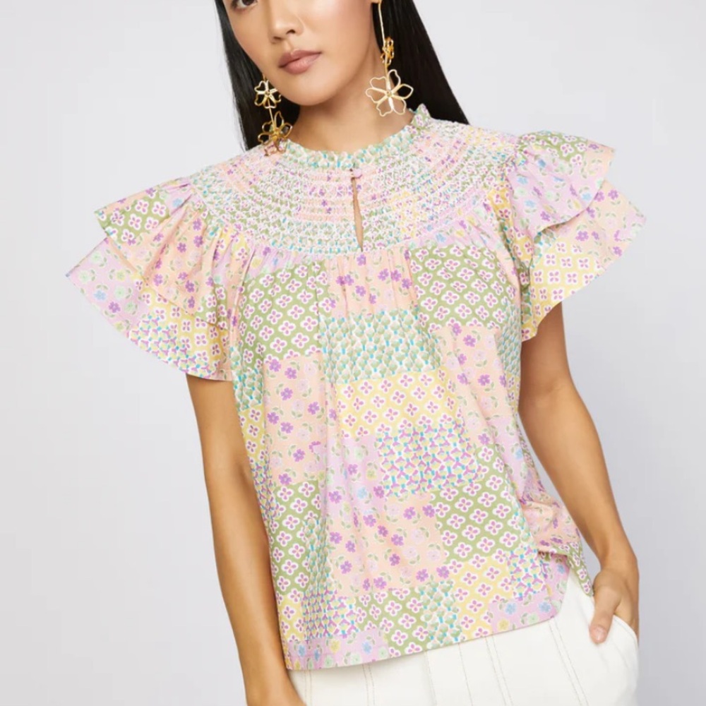 Anthropologie Pastel Patchwork Floral Smocked Flutter Sleeve Top